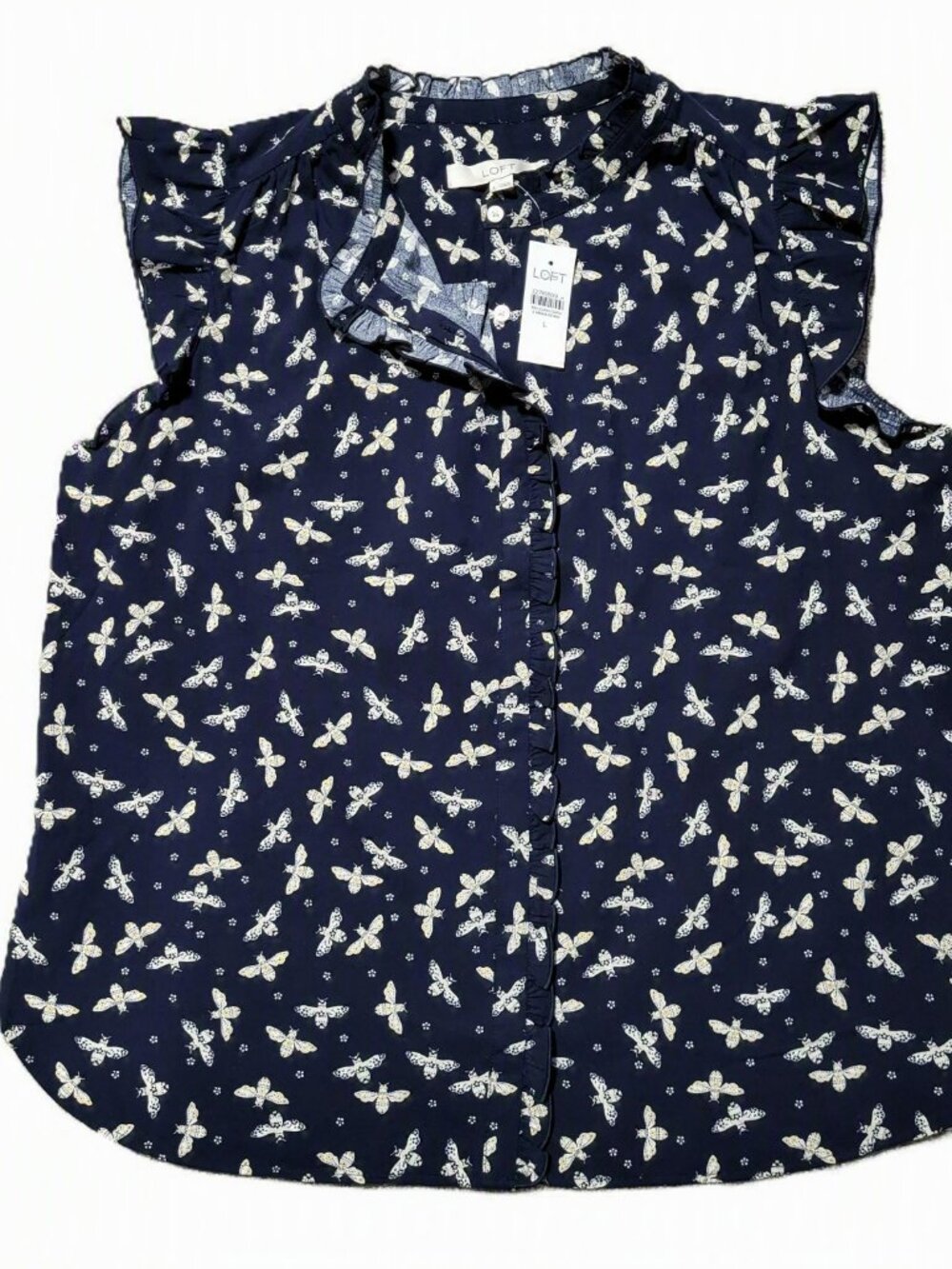 LOFT NWT Ruffle Bee Print Sleeveless Blouse Top Large Novelty Button Up Navy